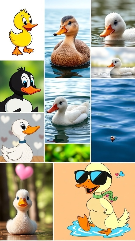 A variety of duck-themed profile pictures including cartoon, realistic, and artistic styles.